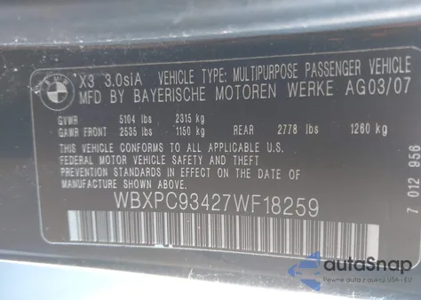 2007 BMW X3 3.0Si from USA, damaged, VIN WBXPC93427WF18259